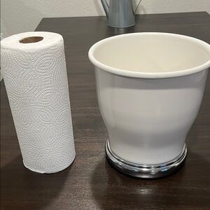 White and Silver Wastebasket